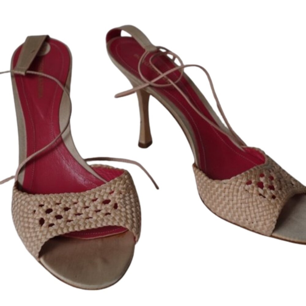 BCBG Rafia & Satin Nude "Natty" High Heel Ankle Tie Sandal- Sz. 9.5